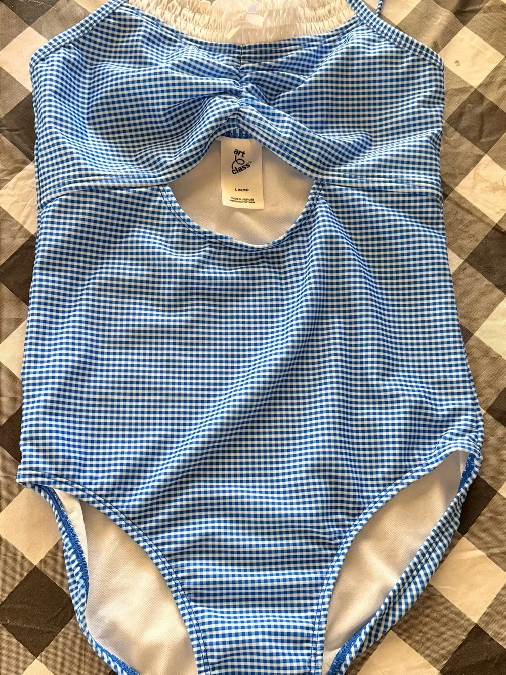 art class Blue Gingham One-Piece Swimsuit with White Ruffle